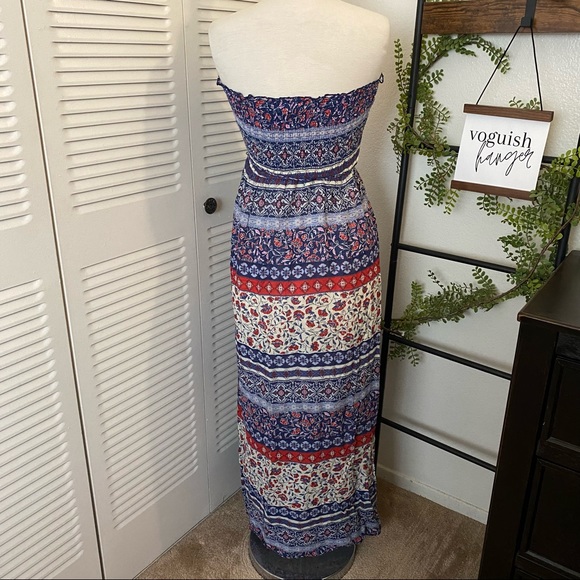 Motherhood|M|Red White Blue Multi Print Boho Tassel Tie Slit Sides Maxi Dress - Picture 3 of 10